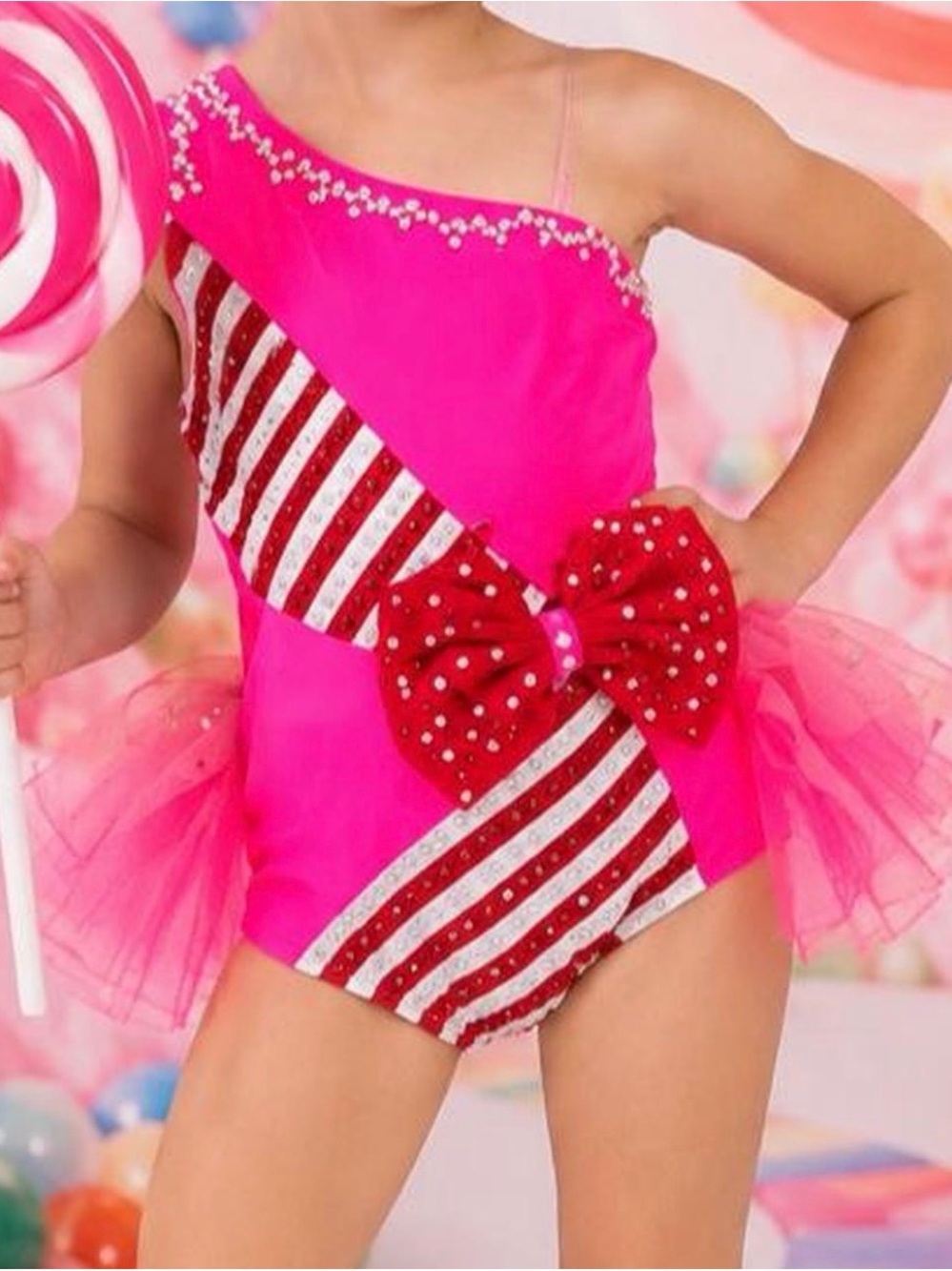 Glamour Hot Pink Candy Stripe Tutu Leotard w Red Bow Dance Halloween Costume SzS